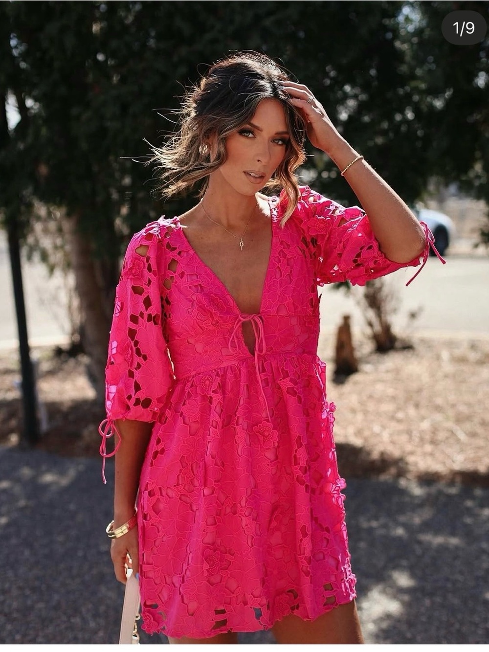 Storia Hot Pink Floral Lace Mini Dress